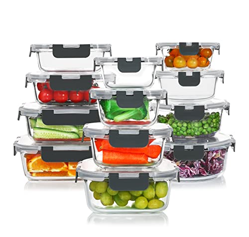 KOMUEE 24 Pieces Glass Food Storage Containers Set, Meal Prep Containers, BPA-Free Airtight Glass Storage Containers with lids,Freezer, Microwave and Oven Safe,Gray - color: Gray