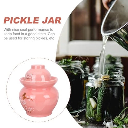 KICHOUSE Ceramic Pickle Jar with Double Lid Traditional Chinese Porcelain Fermentation Crock Red Plum Blossom Pattern Food Storage Container for Kitchen and Sauerkraut