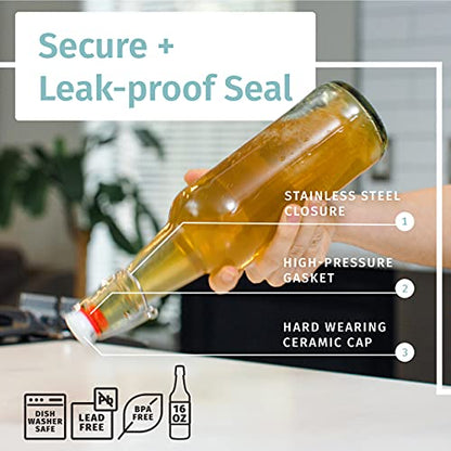 Otis Classic Glass Bottles with Caps - Set of 6 Clear Swing Top Glass Bottles w/Ceramic Lids for Storing Kombucha, Liquor, Syrup, Wine, Kefir & Beer - Bonus Marker & Labels Included, 16oz | Clear Bottle, Includes Marker & Labels, For Juice, Water, Kombuch