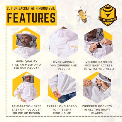 Sting Stopper Cotton Canvas Beekeeping Jacket with Round Veil - size: Large