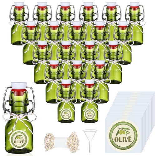 Queekay 20 Pack Mini Swing Top Glass Bottles for Vanilla Extract Homemade Olive Oil Bottles with Lids Airtight Cap Lids Labels for Wedding Baby Shower Favors(2 oz,Olive Green) - color: Olive Green, size: 2 oz