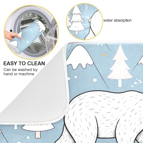 Winter Polar Bear Tree Dish Drying Mat for Kitchen Counter Super Absorbent Draining Mat with Non-slip Backed Drainer Mat for Sinks Countertops Draining Racks Dish Bottles Cups Bowl