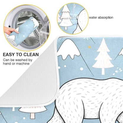 Winter Polar Bear Tree Dish Drying Mat for Kitchen Counter Super Absorbent Draining Mat with Non-slip Backed Drainer Mat for Sinks Countertops Draining Racks Dish Bottles Cups Bowl