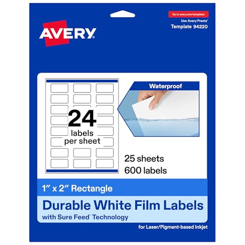 Avery Printable Durable White Rectangle Labels, Sure Feed Technology, 1" x 2", Print-to-the-Edge, Waterproof Labels, Laser & Pigment-Based Inkjet Compatible, 600 Total - style: 600 labels