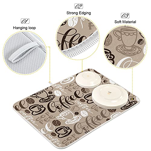 Brown Coffee Dish Drying Mat - 18 x 24 Inch, High Absorbent Reversible Microfiber Coffee Bean Dish Rack Pad - color: coffee theme, size: 18" x 24"