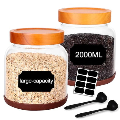 SAIOOL 2-Pack Striped Borosilicate Glass Airtight Canisters - Big mouth Large Capacity, Acacia Wood Lid, Food Storage Jars for Flour, Pasta, Pantry Organization (1/2 Gallon （Strew 2 pack）) - size: 1/2 Gallon (Strew 2 pack)