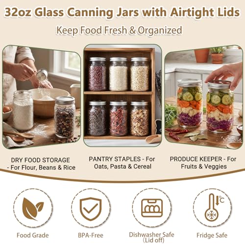 32oz Wide Mouth Mason Jars 2-Pack with Airtight Split Lids & Plastic Lids | Quart Glass Canning Jars for Food Storage, Meal Prep, Pickling, Fermenting, Cold Brew, DIY Projects & Gifts - color: Clear-32OZ