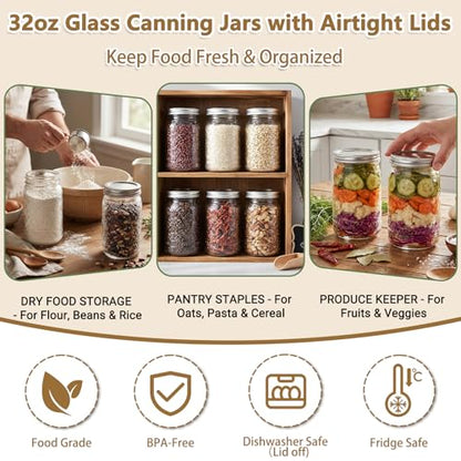 32oz Wide Mouth Mason Jars 2-Pack with Airtight Split Lids & Plastic Lids | Quart Glass Canning Jars for Food Storage, Meal Prep, Pickling, Fermenting, Cold Brew, DIY Projects & Gifts - color: Clear-32OZ