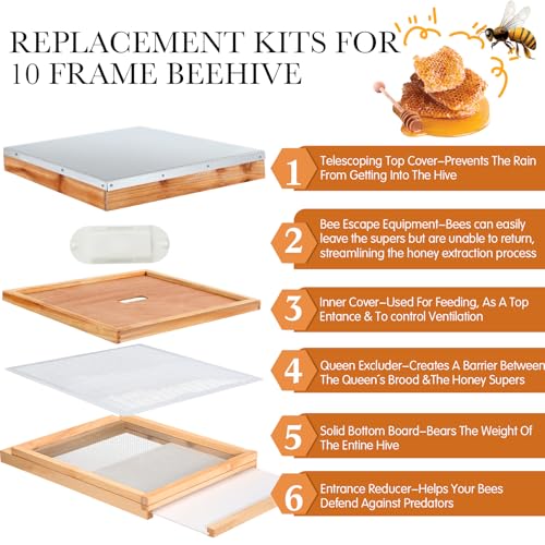 DoubleFill 8 Pcs Beehive Parts Kit for 10 Frame Bee Hive, Telescoping Top Cover Queen Excluder Inner Cover Screened Bottom Board Entrance Reducer Bee Escape Equipment J-Hook Scrape and Gloves(White) - color: White
