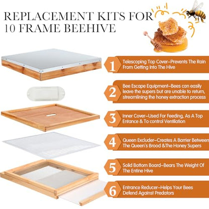 DoubleFill 8 Pcs Beehive Parts Kit for 10 Frame Bee Hive, Telescoping Top Cover Queen Excluder Inner Cover Screened Bottom Board Entrance Reducer Bee Escape Equipment J-Hook Scrape and Gloves(White) - color: White
