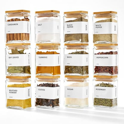 Glass Spice Jars with Bamboo Lid, 4oz Square Spice Containers for Pantry Organization, Seasoning Bottles with Labels, Spoons, Funnel for Salt Sugar - color: White