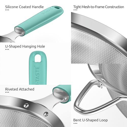 U-Taste Small Fine Mesh Strainer: 18/8 Stainless Steel 3.35in 30 Mesh Kitchen Food Sieve with Sturdy Riveted Silicone Handle, Heavy Duty Deep Handheld Metal Colander for Tea, Juice (Aqua Sky) - color: (1) Aqua Sky, size: S-3.35in