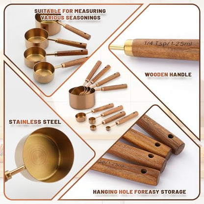 Premium Measuring Cups and Spoons Set with Wood Handle, 8-Pieces Stainless Steel Liquid and Dry Measuring Cup Set for Baking, Cooking, Coffee with Ergonomic Grip & Engraved Markings (Bronze8) - color: Bronze8