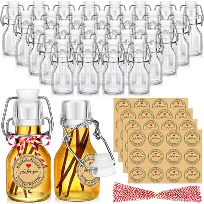 FoldTier 48 Pcs Mini Flip Top Glass Bottle Flip Top for Homemade Vanilla Limoncello Extract Bottles with Caps Stickers for Holiday DIY Crafts Wedding Baby Shower Favors(2 oz) - size: 2 oz