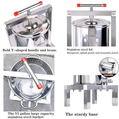Honey Press Extractor Wax Machine Stainless Steel Honey Press Beeswax Machine Manual Large Bee Honey Presser Fruit Wine Press For Honey Wine Juice Vegetables Olive Oil Making