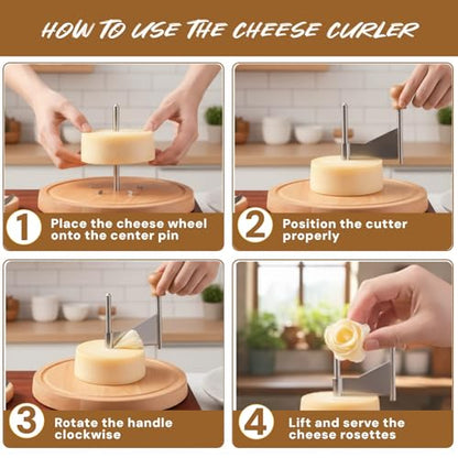 Cheese Curler Wheel with Stainless Steel Blade & Wood Base – Creates Cheese Curls from a Cheese Wheel, Also Suitable for Chocolate and Butter, for Home Kitchens, Dinner Parties