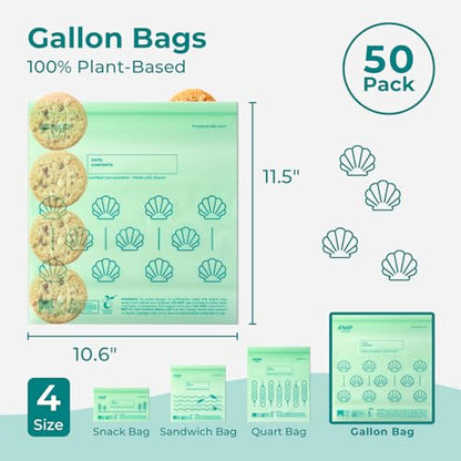 Fit Meal Prep 50 Pack 100% Compostable Food Storage Bags, 1 Gallon Freezer Bags, 10.6 x 11.5" Resealable Bag for Vegetables, Meat, Fruits, ASTM D6400, US BPI & EU OK Compost Certified - style: Gallon