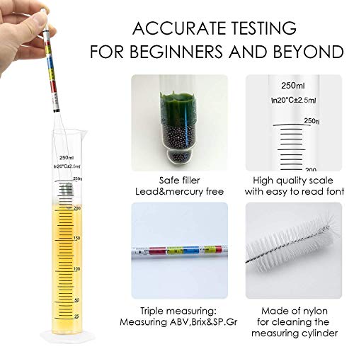 Hydrometer and Test Jar for Wine, Beer and Kombucha - Including 250ml Plastic Cylinder, Cleaning Brush and ABV Storage Bag