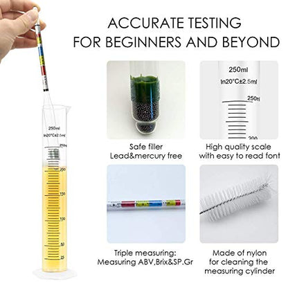 Hydrometer and Test Jar for Wine, Beer and Kombucha - Including 250ml Plastic Cylinder, Cleaning Brush and ABV Storage Bag