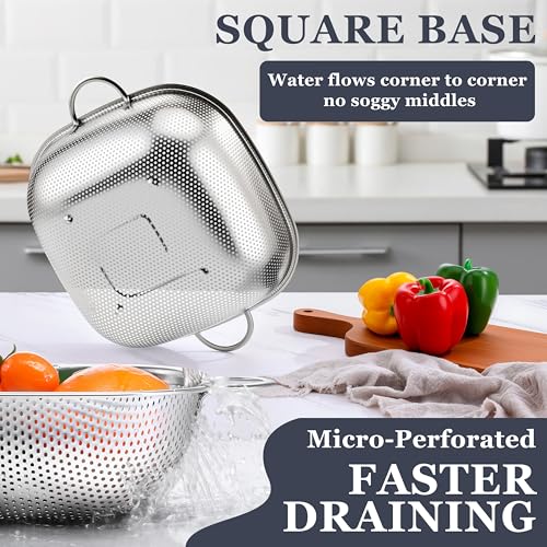 E-far 3 Pack Colander for Kitchen, Square Stainless Steel Metal Strainer Colander with Handle for Draining Food Pasta Vegetable, Micro-Perforated & Elevated Feet, Dishwasher Safe(2.4/4/6QT) - size: 2.4/4/6QT
