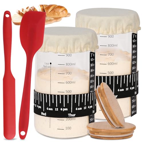 Xileanalee Pro Sourdough Starter Jar Kit 2 Packs-35 Oz Sourdough Bread Starter Jar Kit with Date Marked Feeding Band,Thermometer,Spatula,Cloth Cover& Lid for Sour Dough Bread Loaf (2 Pcs) - size: 2 Pcs
