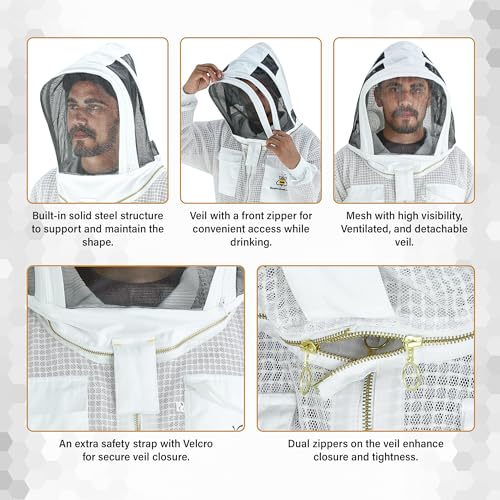 3-Layer Ultra Ventilated Mesh Beekeeping Suit for Men & Women with Veil Sting-Proof Bee Suit with Leather Gloves & Bag - color: White, size: Medium