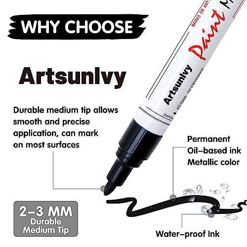 Artsunlvy Black Paint Pens Permanent Markers - 2 Pack Oil Based Quick Dry Waterproof Markers for Plastic, Tire, Rubber,Wood, Rocks, Metal, Canvas, Dark Surface,Craft Art Supplies,Medium Point - color: Black