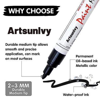 Artsunlvy Permanent Paint Pens Paint Markers - 2 Pack Black & White Oil Based Quick Dry Waterproof Markers For Tire, Rubber,Wood, Rocks, Metal, Canvas - color: White & Black