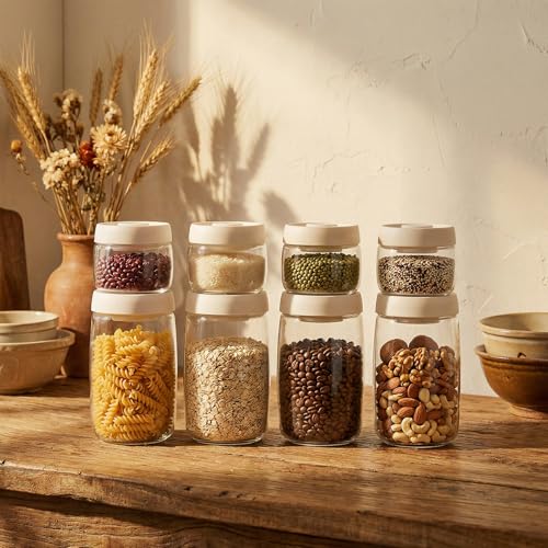Micro-Vacuum Glass Storage Containers with Built-in Pump(42OZ/20OZ), Airtight Food Storage Container Kitchen Pantry Storage Jar, best for Coffee Beans, Cereal, Fruit, Nuts, Snacks, Candy
