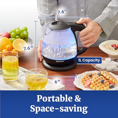Elite Gourmet EKT1001B Electric 1.0L BPA-Free 1100W Glass Kettle Cordless 360° Base, Stylish Blue LED Interior, Handy Auto Shut-Off Function – Quickly Boil Water For Tea & More, Graphite Black - size: 1.1 Quarts