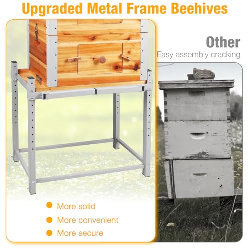 Bee Hive Boxes Starter Kit with Metal Stand,100% Beeswax Coated Bee Hive with 10 Medium and 20 Deep Frames & Foundations(3 Layer)
