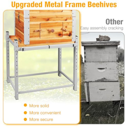 Bee Hive Boxes Starter Kit with Metal Stand,100% Beeswax Coated Bee Hive with 10 Medium and 20 Deep Frames & Foundations(3 Layer)