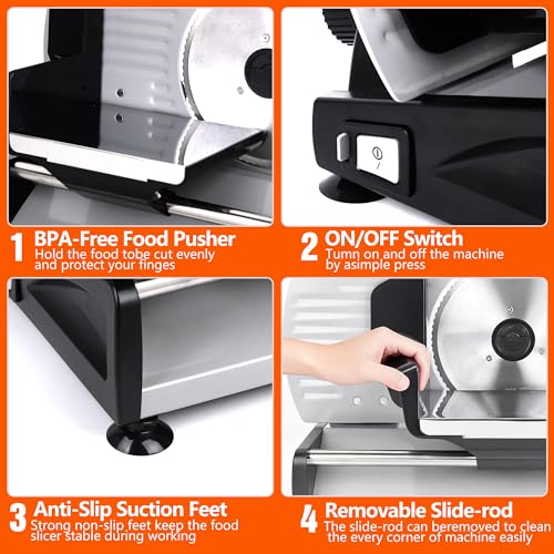 Meat Slicer 200W Electric Deli Food Slicer with 2 Removable 7.5" Stainless Steel Blade, Adjustable Thickness for Home Use, Child Lock Protection, Easy to Clean, Cuts Meat, Bread and Cheese