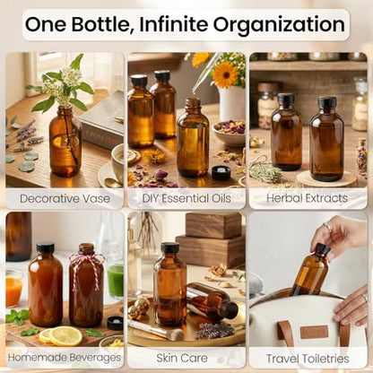 TBWIND 54 Pack 4oz Amber Glass Boston Round Bottles with Airtight Caps | Refillable Glass Bottles for Vanilla Extract, Homemade Liquids, Syrups, Oils & DIY Crafting with Droppers, Labels & Funnels - size: 4oz