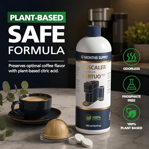 Descaling Kit Compatible with Nespresso Vertuo, 12 Month Supply-Includes 1 Bottle of Descaling Solution, 12 Cleaning Tablets & 2 Reusable Pods, Cleans Pod Area & Limescale, for Vertuoline