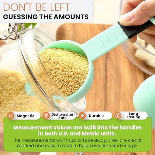 Spring Chef Mint Magnetic Measuring Cups and Spoons Set of 9, Stackable Plastic Kitchen Tool with Easy to Read Markings - Measure Dry or Liquid Ingredient for Baking & Cooking, BPA Free - color: Mint
