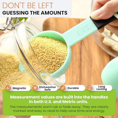 Spring Chef Mint Magnetic Measuring Cups and Spoons Set of 9, Stackable Plastic Kitchen Tool with Easy to Read Markings - Measure Dry or Liquid Ingredient for Baking & Cooking, BPA Free - color: Mint