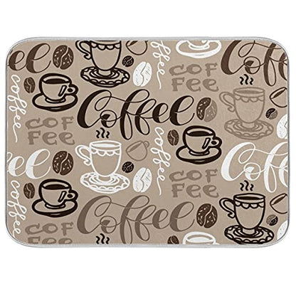 Brown Coffee Dish Drying Mat - 16 x 18 Inch Reversible Microfiber Kitchen Mat with High Absorbency - color: coffee theme, size: 16" x 18"