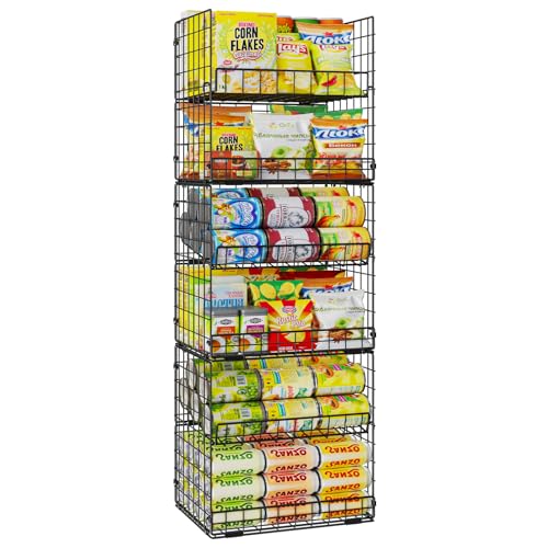 JKsmart 6-Tier Stackable Wire Basket, Can Organizer for Pantry Kitchen, XXL Metal Storage Shelves with Dividers & Handles, Easy Assembly Space Saving Storage Bins for Snacks Fruits Veggies - size: 6 Tier XXL