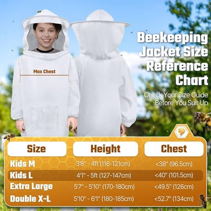 Flexzion Kids Beekeeping Suit Jacket with Veil Hood - Lightweight Sting-Resistant Bee Suit for Kids Adults, Youth Pullover Bee Smock, Elastic Waist & Cuffs, White, Kid Large - size: Kids Large