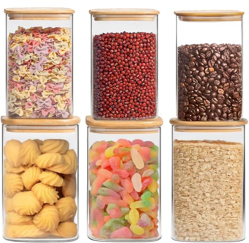 6 Pack Glass Food Storage Jars with Airtight Lids, Clear Glass Jar with Bamboo Lid, Airtight Food Canister for Tea, Candy, Coffee, Sugar, Cookie, Snack. (Square| 5+6 Inch) SET of 3 - color: Square 6 Pack (38+20oz)x3