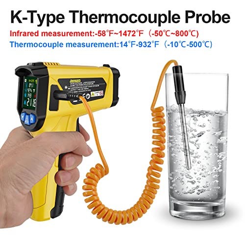 Infrared Thermometer Gun, TEMIRUP Non Contact Digital IR Laser Thermometer Temperature Gun with Probe for Cooking, Pizza Oven, Griddle, Humidity Measurement, Adjustable Emissivity -58°F to 1472°F - color: Yellow -58°F~1472°F (-50°C to~800°C)
