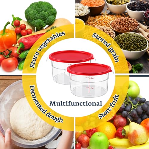 Ziliny 2 Pcs 2 Qt Clear Round Food Storage Container with Lid, Dough Proofing Bucket Clear Translucent Containers with Red Scale Commercial Grade for Pizza Bread Kitchen Organization(Red) - color: Red