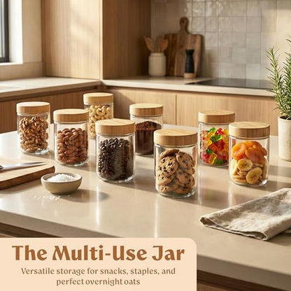 EDELHAUS Overnight Oats Containers with Lids Bamboo (4 x 16oz) Glass Jars for Oatmeal, Meal Prep, Food Storage | Leak-Proof Mason Jars for Oats, Cereal, Yogurt, Chia Pudding [Thicker Glass 3mm] - color: Bamboo Lid no Spoons