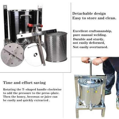 Honey Press Extractor Wax Machine Stainless Steel Honey Press Beeswax Machine Manual Large Bee Honey Presser Fruit Wine Press For Honey Wine Juice Vegetables Olive Oil Making
