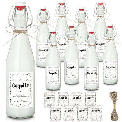 DoubleFill 8 Set Coquito Swing Top Glass Bottles 16 Oz Flip Top Brewing Bottles with Coquito Stickers Wine Airtight Caps for Home Party Milk Eggnog Kefir(Classic) - style: Classic