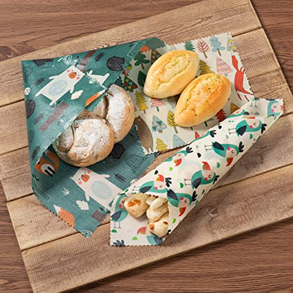 Akeeko Reusable Beeswax Food Wraps - Assorted 9 Packs, Reusable, Plastic-Free Food Storage, 5 Small, 2 Medium, 1 Large, 1 Extra Large Wraps with Forest Animals Pattern