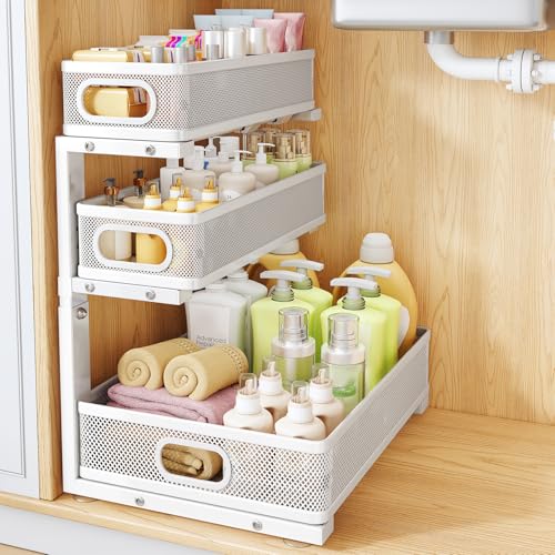 Under Sink Organizer, 1-Pack 3-Tier Thickened Metal Pull out Cabinet Organizer Shelf, Height Adjustable Slide out Storage Drawer Rack for Kitchen Bathroom Pantry Laundry Home Organization, White - color: White, size: 1-Pack