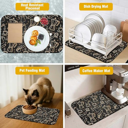 Black and Gold Coffee Tool Coffee Drying Mat 12" x 19", Absorbent Waterproof Coffee Station Mat, Protects Countertops from Spills Stains for Coffee Makers and Home Baristas - color: Black and Gold