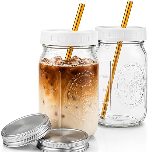 Boba Tea Cups 32 oz (2-Pack) – Mason Jar Glass Cups with Lids & Gold Stainless Steel Wide Straws for Bubble Tea, Smoothies & Iced Coffee